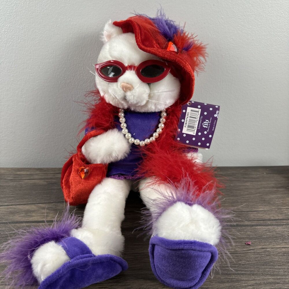 Burton & Burton Red Hat Society Stuffed Fancy Cat Kitty Pearls Purse Plush NWT